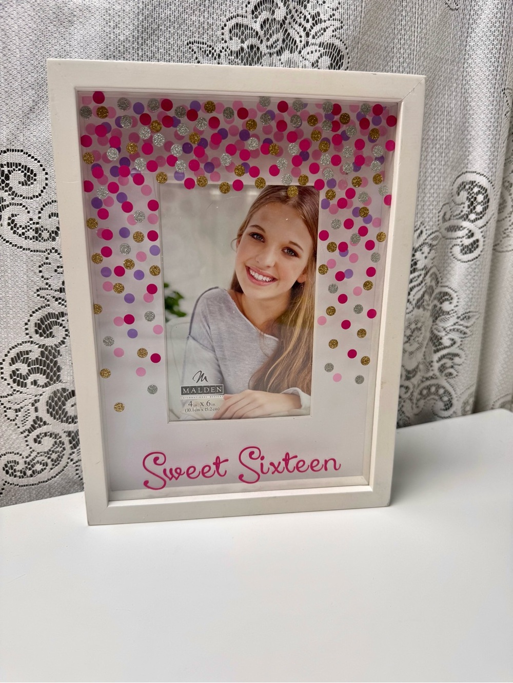 Malden Sweet Sixteen Picture Frame. White with Pink Glitter 4x6 Photo Frame
